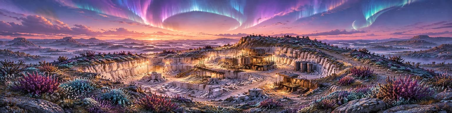 A terraced pale-stone quarry cut into a hillside at dusk, lamp-lit timber and metal extraction rigs, a ramp and storage tanks on its floor, ringed by violet and teal scrub under an aurora sky